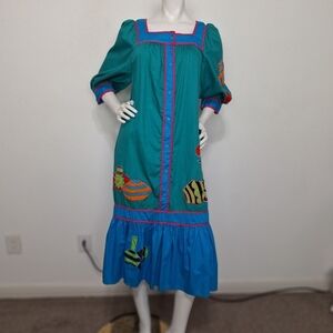Vintage Southern Image Teal Blue Embroidered Embellished Art To Wear Dress L